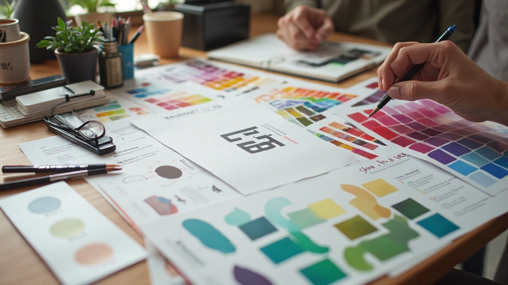 Color palette swatches and typography samples arranged on designer's desk showing design principles