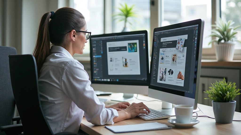 Modern workspace with designer working on website layout displayed on computer monitor