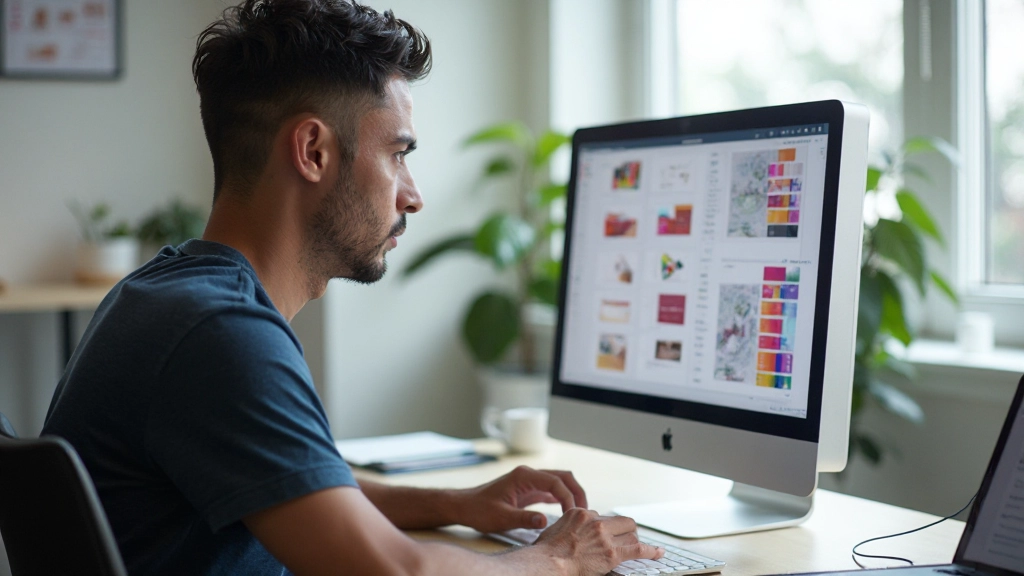 Designer reviewing color theory principles and typography hierarchy on a modern computer display
