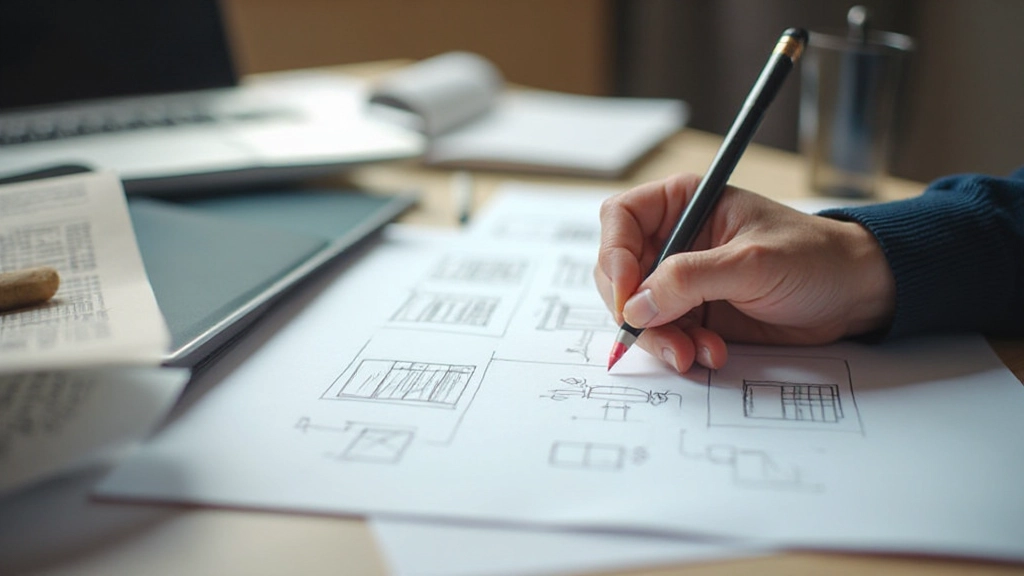 Designer sketching wireframes and layout ideas on paper with pencils and tablet nearby
