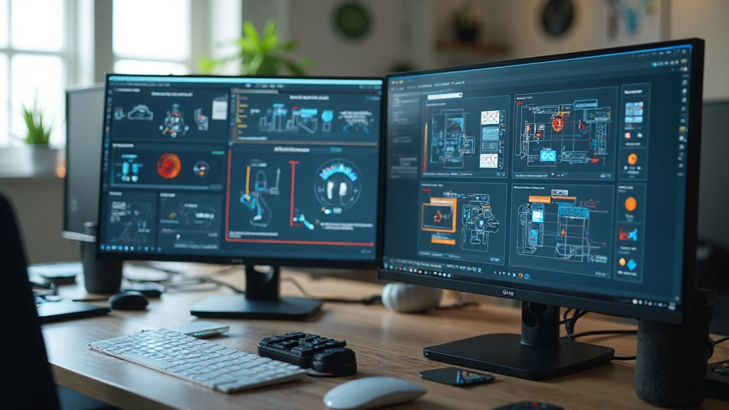 Modern web design workspace with multiple monitors displaying design software and wireframes